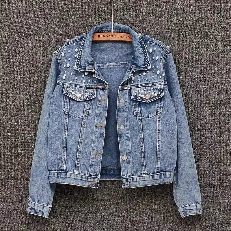 Jaqueta feminina Casual De inverno Jeans Com Pérolas Gola Curta - Promoção de Inverno 2025