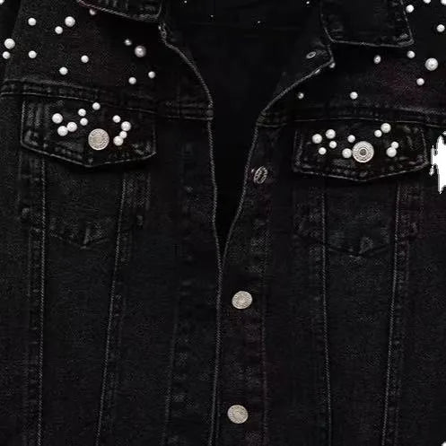 Jaqueta feminina Casual De inverno Jeans Com Pérolas Gola Curta - Promoção de Inverno 2025