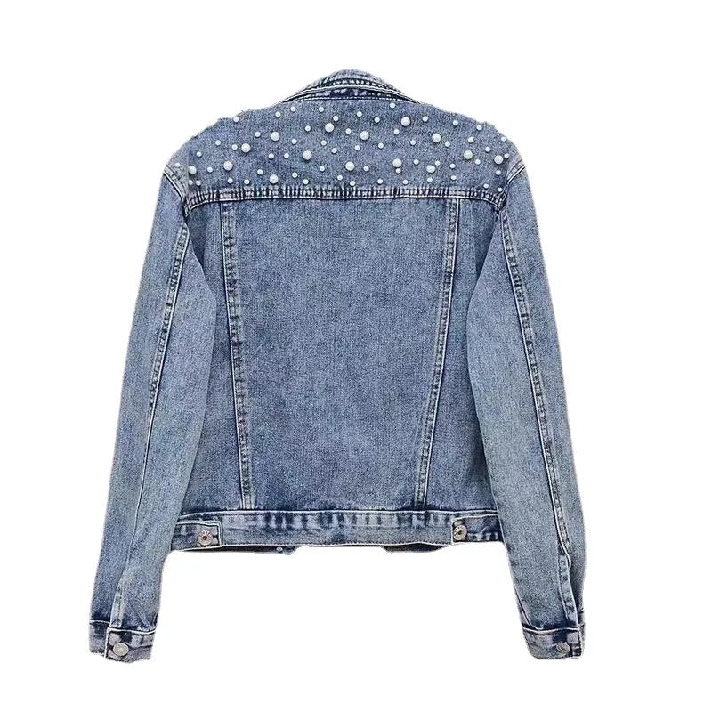Jaqueta feminina Casual De inverno Jeans Com Pérolas Gola Curta - Promoção de Inverno 2025