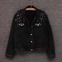 Jaqueta feminina Casual De inverno Jeans Com Pérolas Gola Curta - Promoção de Inverno 2025