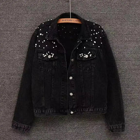 Jaqueta feminina Casual De inverno Jeans Com Pérolas Gola Curta - Promoção de Inverno 2025